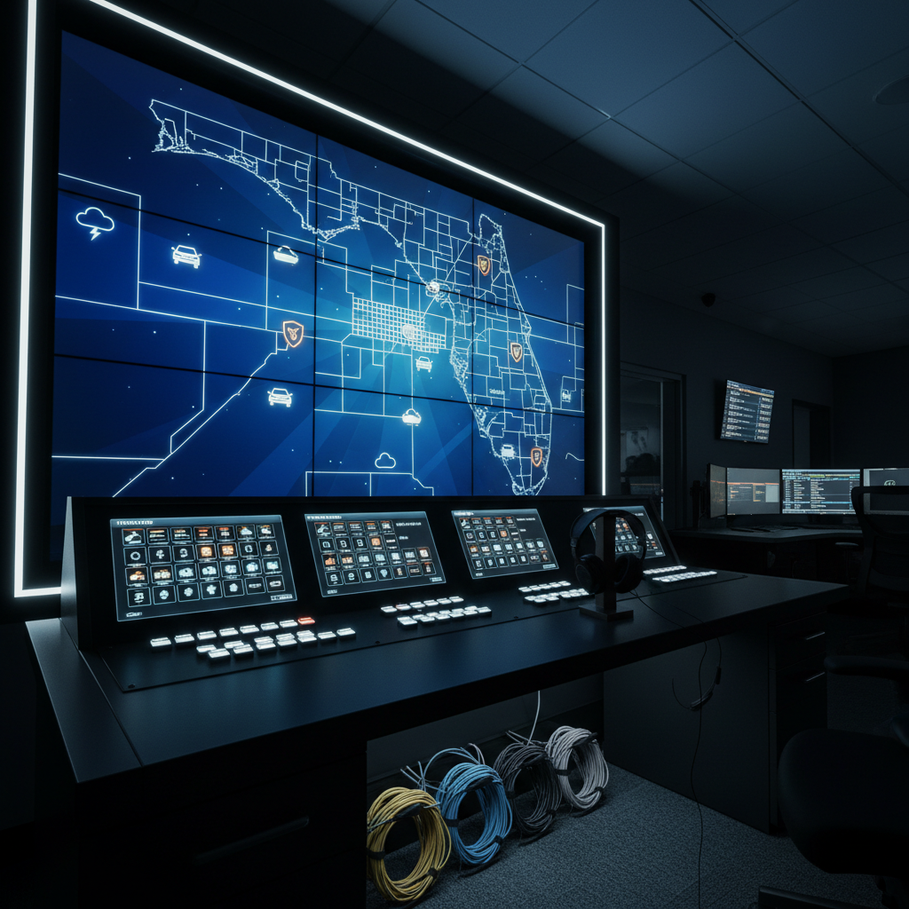 A large, wall-mounted digital map of Polk County, Florida, glowing in shades of deep blue and soft cyan, dominates a dimly lit newsroom-style control space. The map is segmented by clear white boundary lines, with tiny illuminated icons indicating traffic incidents, public safety alerts, and weather conditions. Below the map, a sleek black console with labeled buttons, organized cables, and a pair of over-ear headphones rests in perfect order. Cool, directional LED lighting creates subtle highlights along the map’s edges and the console’s surfaces, giving a precise, analytical mood. Photographic realism, captured from a slightly low angle, emphasizes the authority and sophistication of a modern local news monitoring hub.